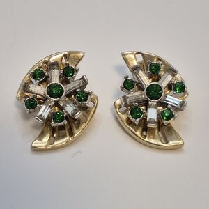 Vintage Green and Clear Rhinestone and Gold-tone Pinwheel Clip-on Earrings